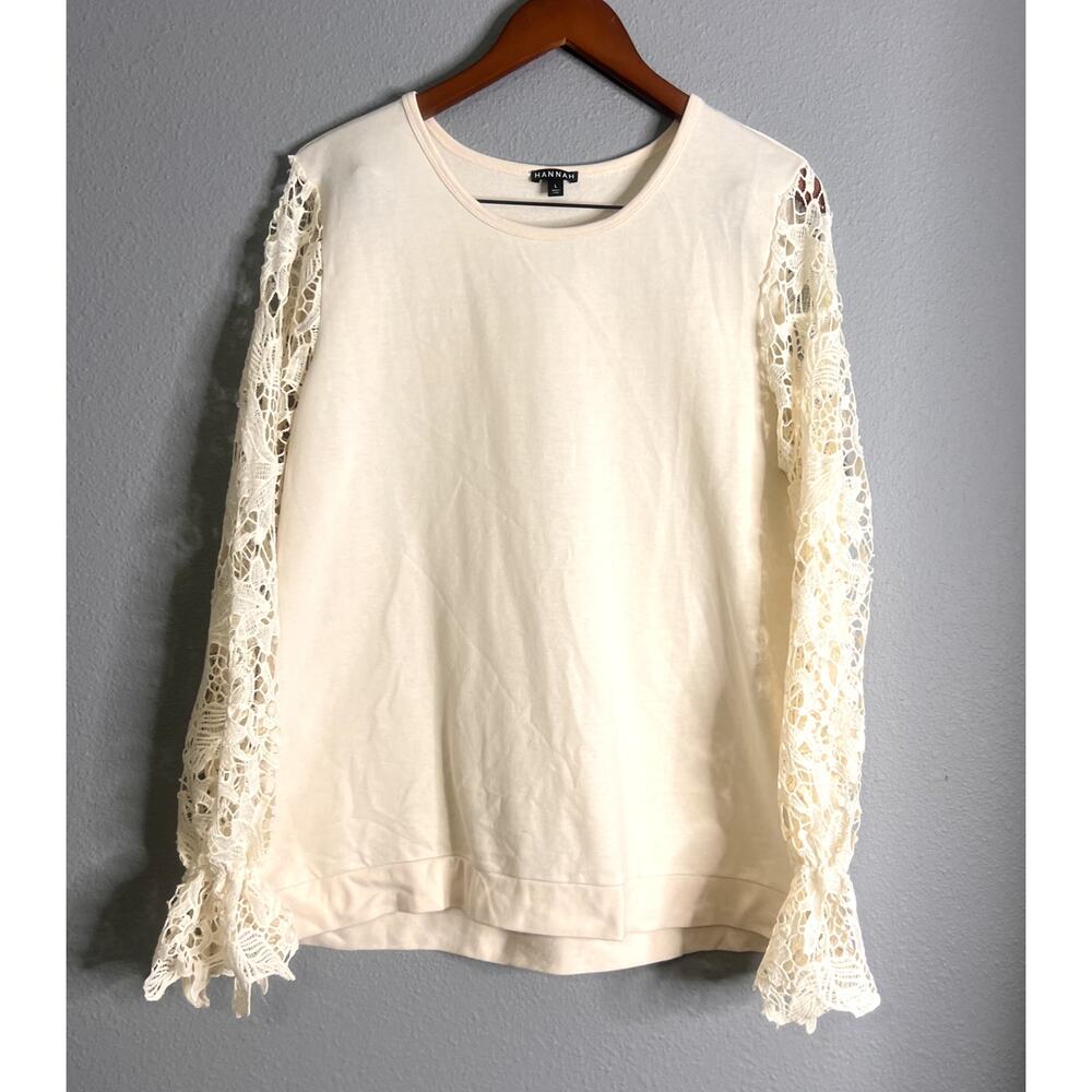 Hannah Womens Large Shirt Cream Crochet Sleeves BOHO Cottagecore Unique Artsy